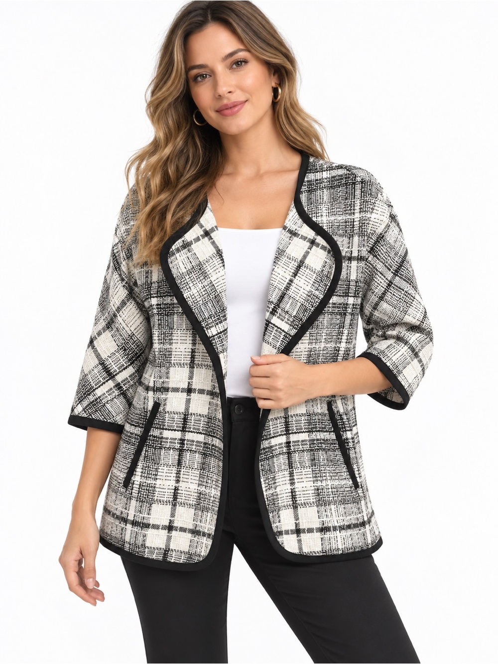 Cynthia Rowley 41% wool blend 3/4 sleeves Plaid Open-Front Blazer M